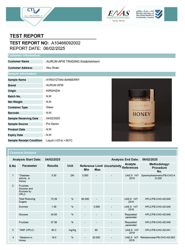 Kyrgyzstani Barberry Honey CTL Test Report | Quality Certification | Aurum Apis