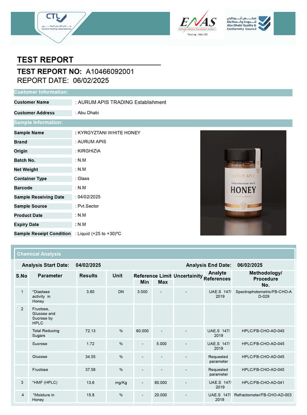 Kyrgyzstani White Honey Laboratory Test Report | Quality Certification | Aurum Apis