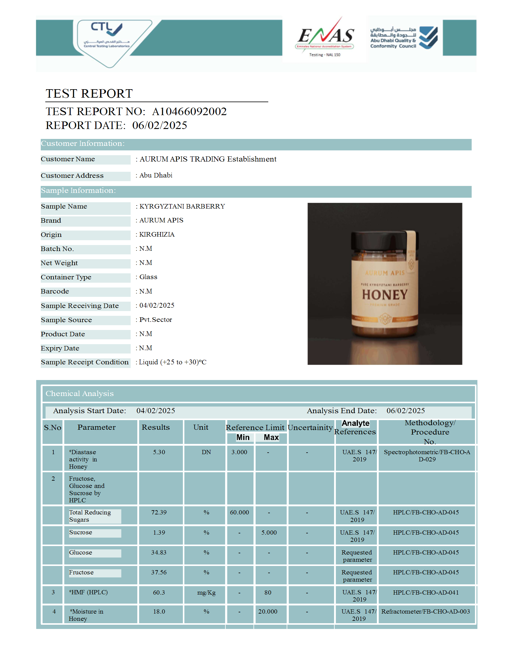 Kyrgyzstani Barberry Honey Quality Analysis Report | Official Lab Certification | Aurum Apis