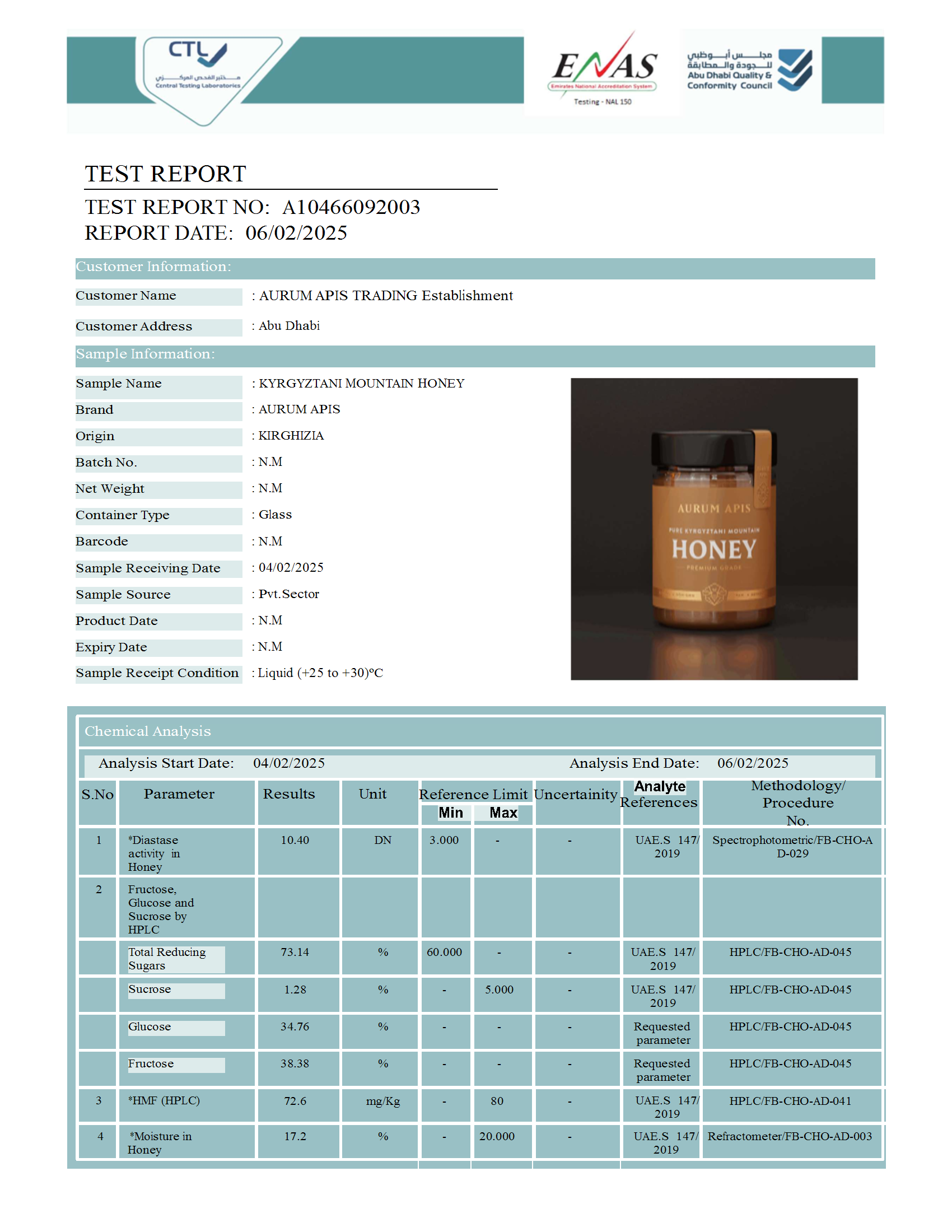 Mountain Honey Lab Test Report February 2025 | Certified Organic Honey | Aurum Apis