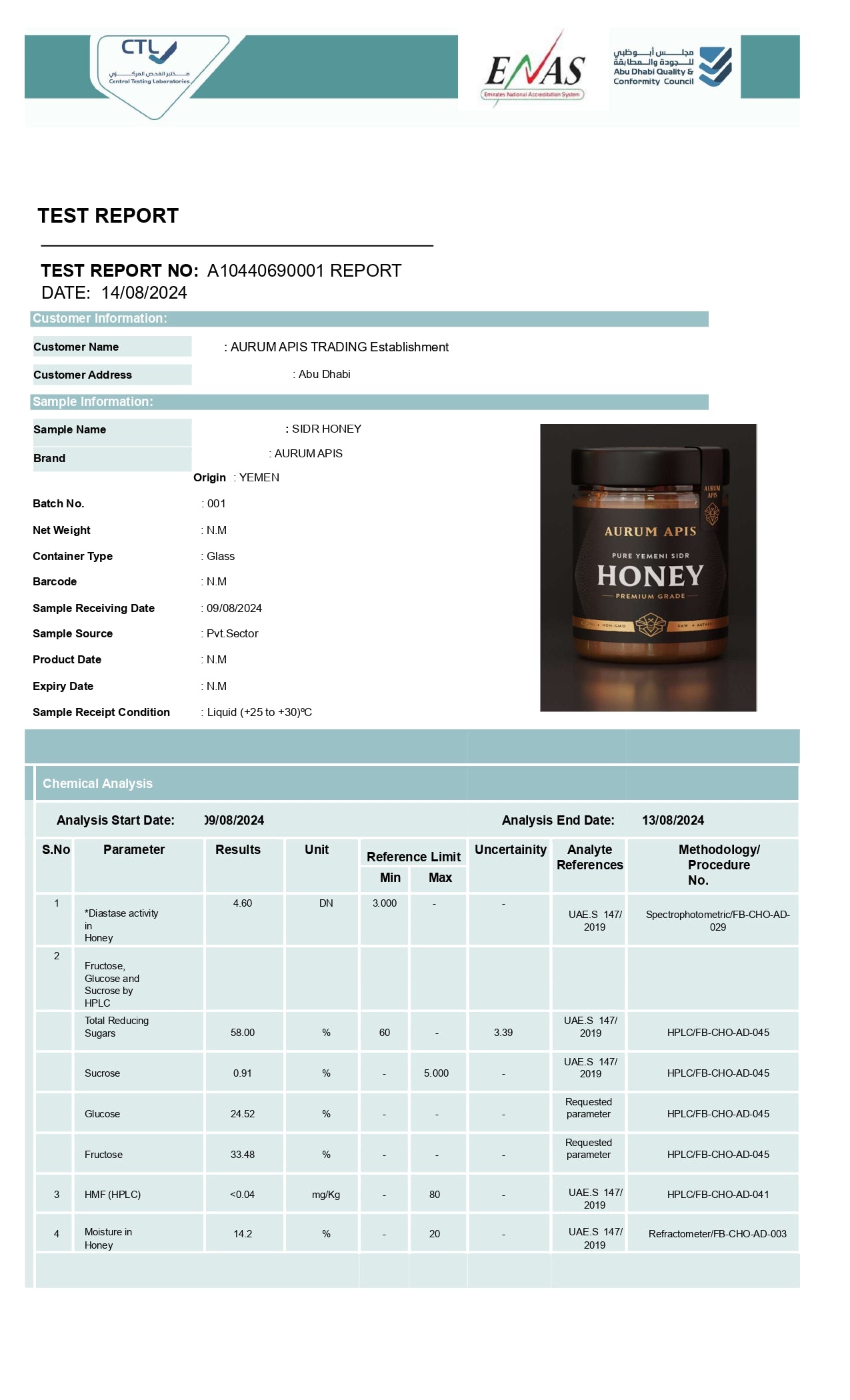 Yemeni Sidr Honey Official Laboratory Test Report | Premium Honey Certification | Aurum Apis