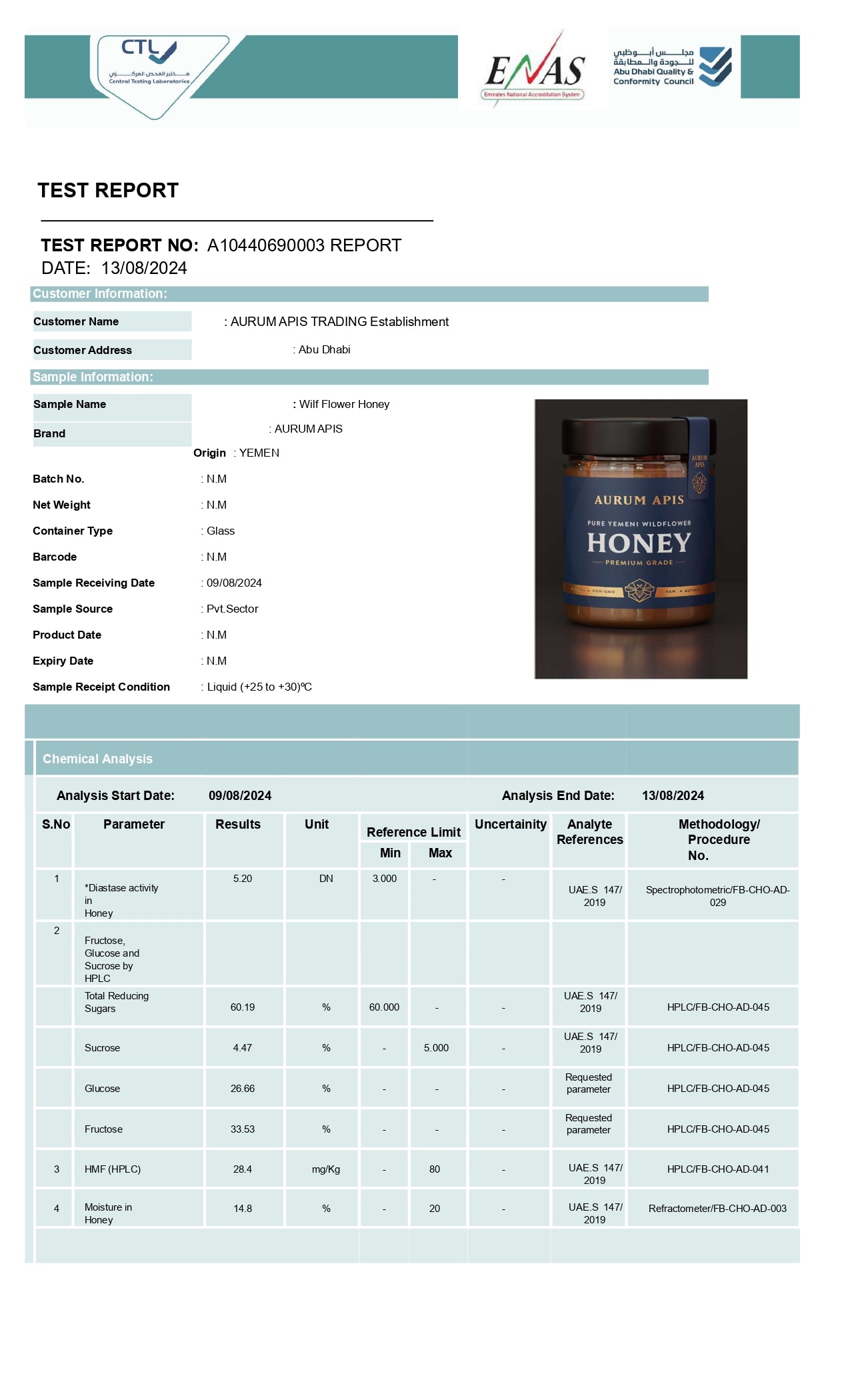 Wildflower Honey Lab Test Report August 2024 | Certified Yemeni Honey | Aurum Apis
